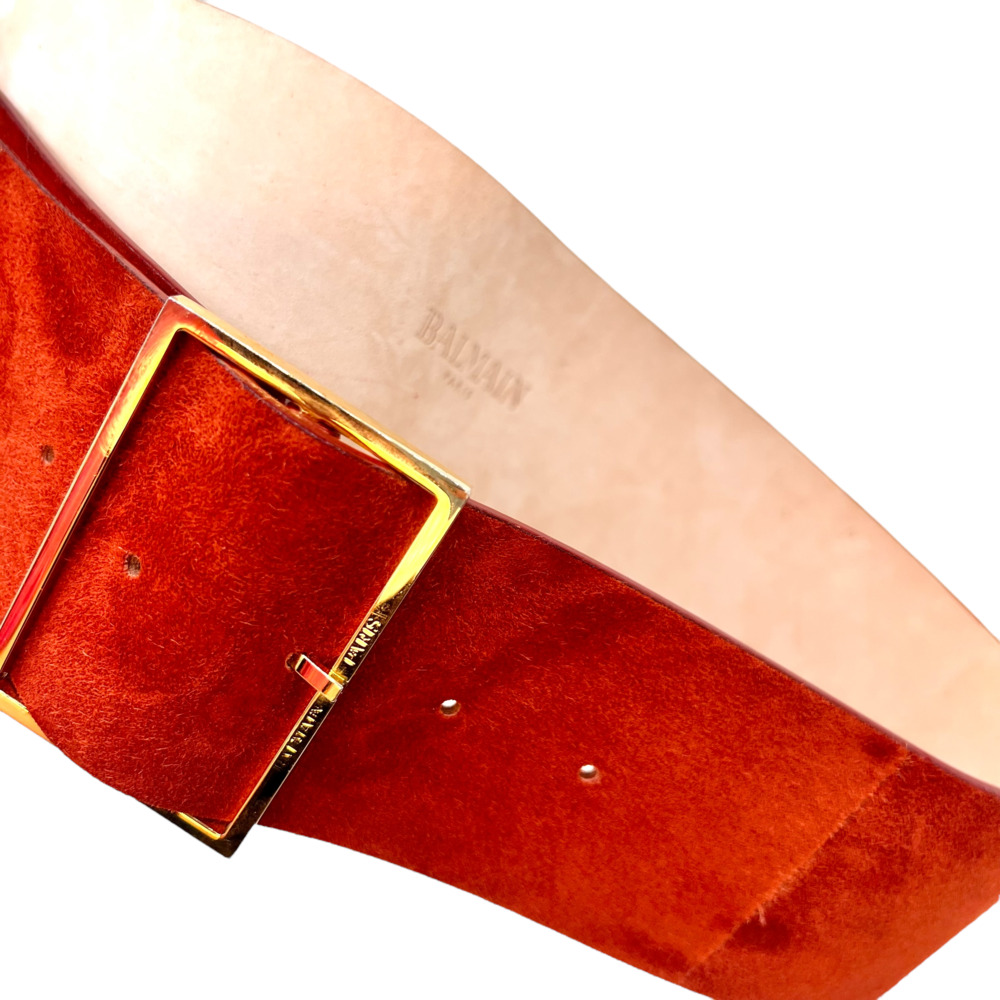 Balmain Paris Suede Leather Waist Belt Rust Red Gold Buckle Size 36 fits S NWOT - Picture 6 of 7
